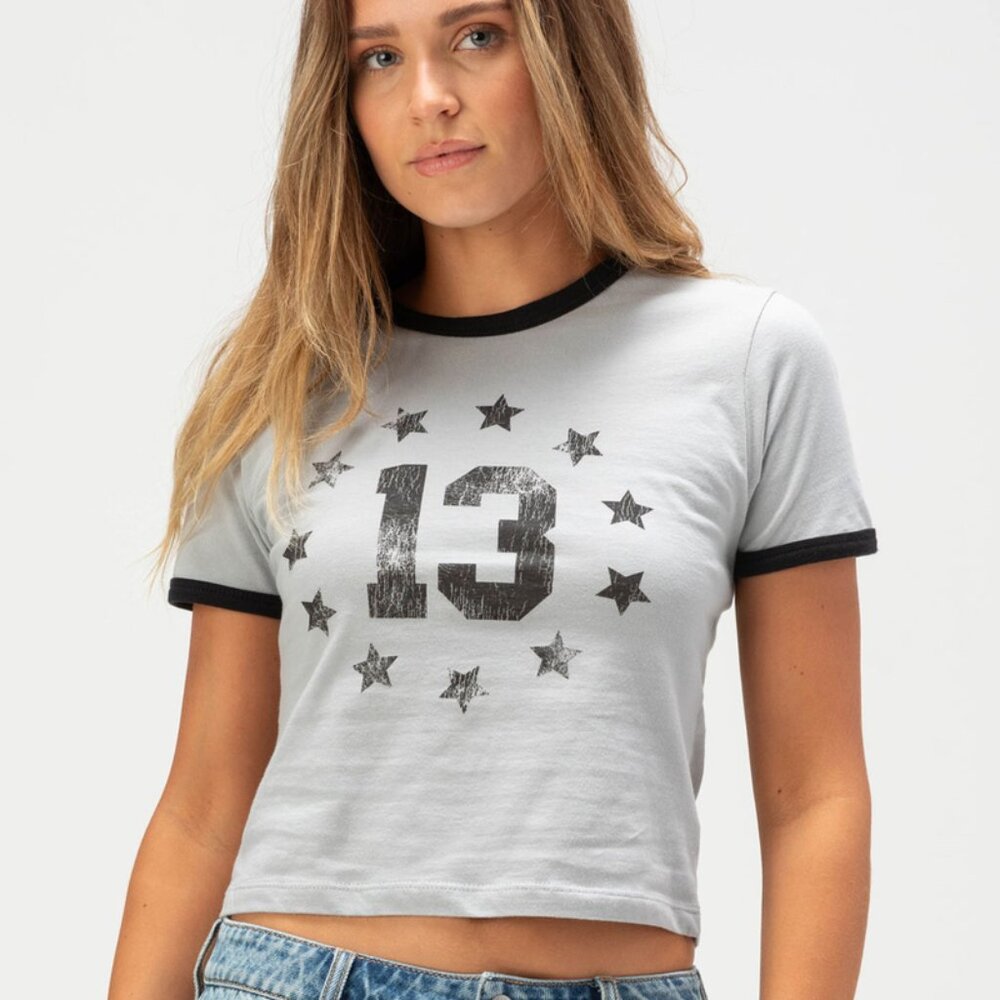 RSQ 13 Graphic Ringer Tee Grey Black Stars Sz S